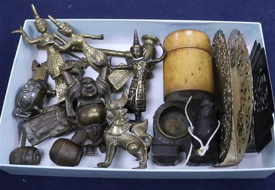 A Chinese Buddha, locks, Black Forest bear inkstand, two letter racks, a gavel and treen pot, A Chinese Buddha, locks, etc.